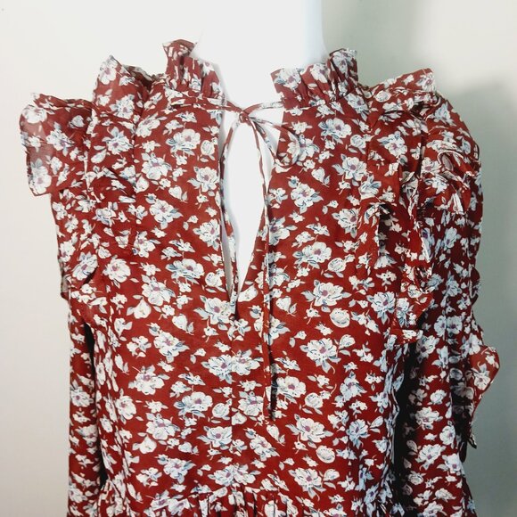 INA, NWT, Mini Dress, MED, Rust Floral Print Ruffle Accents 3/4 Sleeve Feminine - Picture 5 of 16